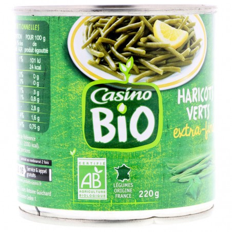 CASINO BIO Haricots verts extra fins Issus de l’agriculture biologique 220g CASINO BIO Haricots verts extra fins Issus de l’agriculture biologique 220g